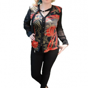 Bluza de ocazie cu nasturi in fata, culoare neagra cu model rosu