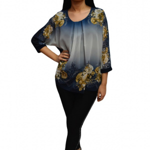 Bluza moderna cu imprimeu de flori si strasuri fine, bleumarin