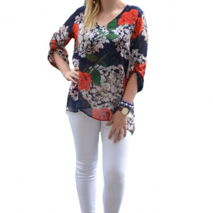 Bluza moderna cu maneca scurta, nuanta bleumarin cu trandafiri