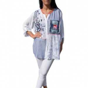 Bluza oversize cu buzunar din blugi si dungi fine, alb-bleumarin