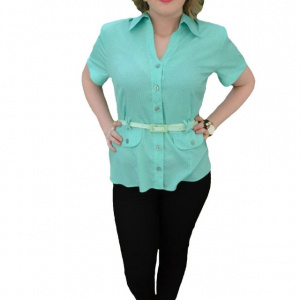 Camasa casual, turcoaz cu buline albe, design de buzunare