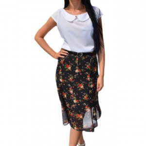 Fusta lejera, midi, nuanta de negru, cu imprimeu floral multicolor