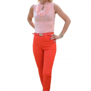 Pantalon lung de vara, culoare rosie, cu design de strasuri