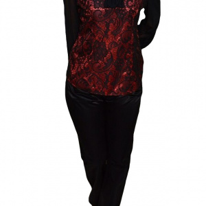 Pantalon lung, deosebit, din material cu aspect satinat, negru