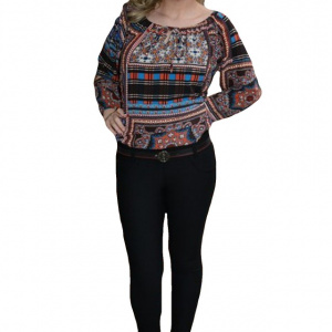 Pantalon tineresc cu talie medie, negru cu bordura cu flori mici