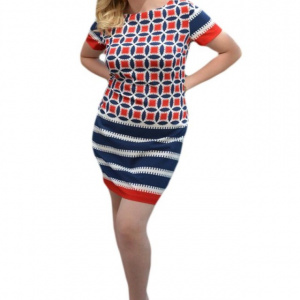 Rochie casual, cu imprimeu geometric rosu-alb-bleumarin