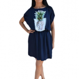 Rochie casual din in croi fronsat pe talie , nuanta de bleumarin
