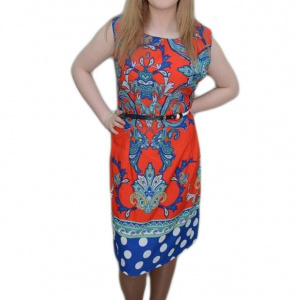 Rochie comoda fara maneca, bleumarin-rosu, cu imprimeuri