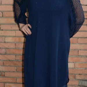 Rochie de gala bleumarin, masura mare, insertie de voal deasupra