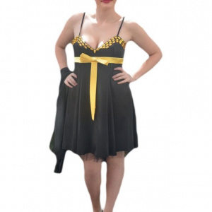 Rochie de gala frumoasa, din saten negru si detalii galbene pe bust