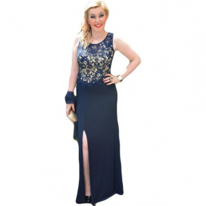 Rochie de seara lunga, bleumarin, cu dantela si strasuri