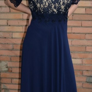 Rochie de seara lunga, masura mare, din voal si dantela bleumarin