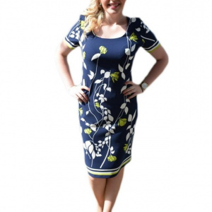 Rochie de zi, bleumarin, model cambrat pe corp, cu detalii alb-verde