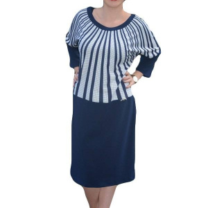 Rochie de zi de culoare bleumarin cu design de dungi oblice