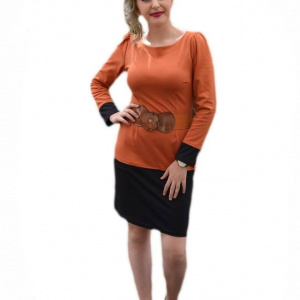 Rochie de zi, moderna, portocalie, cu o curea lata maro