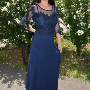 Rochie eleganta din voal combinat cu dantela eleganta, bleumarin inchis