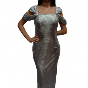 Rochie fashion de culoare argintie, model lung cu decupaje