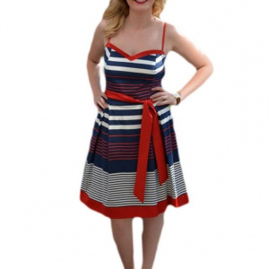 Rochie feminina ,cu dungi subtiri alb-bleumarin-rosu