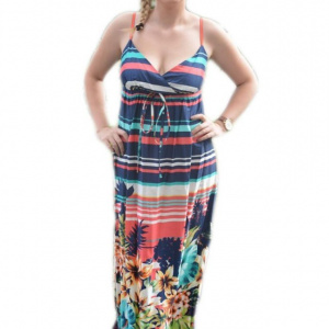 Rochie lunga de vara multicolora cu design de dungi si flori