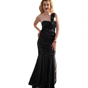 Rochie lunga. eleganta, saten negru, model tip sirena, one-shoulder