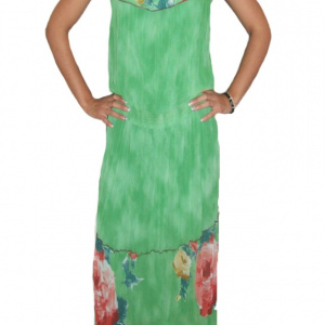 Rochie lunga, vaporoasa de vara, culoare verde cu imprimeu floral