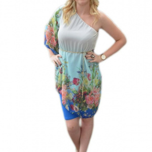 Rochie moderna one-shoulder, culoare albastra, cu flori colorate