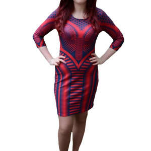 Rochie mulata, nuanta de rosu-bleumarin, design geometric
