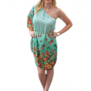 Rochie tinereasca de culoare turcoaz, model cu o maneca larga