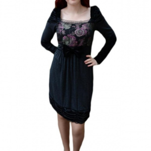 Rochie vintage, nuanta de negru-mov, imprimeu floral