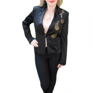 Sacou negru din saten, clasic, cu model de paiete aplicate