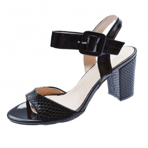 Sanda casual cu toc gros, stabil, nuanta neagra din piele lacuita