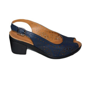 Sanda casual din piele fina, moale, bleumarin, cu toc mediu