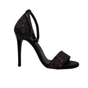 Sanda fashion cu sclipici multicolor pe fond negru, cu toc cui