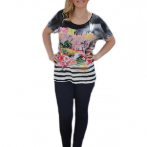 Tricou de primavara-vara, negru cu imprimeu modern in fata