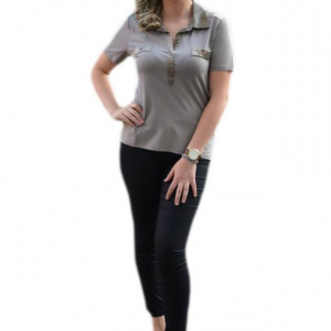 Tricou rafinat cu guler din saten, de culoare bej, model clasic