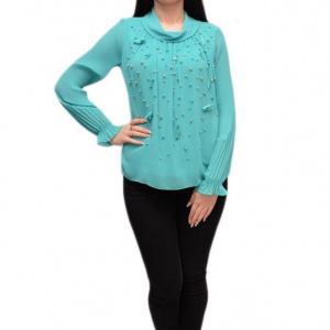 Bluza moderna cu maneca plisata si design de margele, turcoaz
