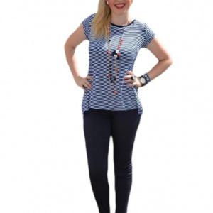 Bluza moderna, insertie de voal bleumarin in spate si dungi albe