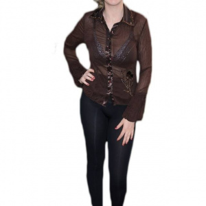 Camasa cu maneca lunga, maro, cu aspect creponat, insertie satinata