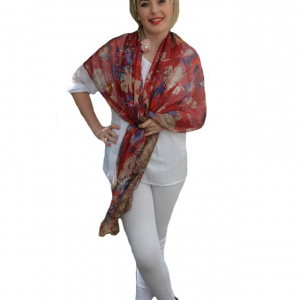 Esarfa rosie cu imprimeu de flori multicolore, material matasos