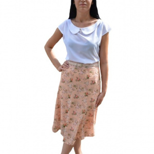 Fuste lejere, midi, nuanta de piersica, cu imprimeu floral multicolor