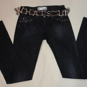 Pantalon de blug din bumbac 100%, bleumarin, cu curea in talie