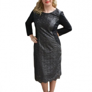 Rochie casual masura mare, neagra, din piele ecologica cu model