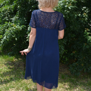 Rochie de ocazie, vaporoasa, din voal si dantela bleumarin
