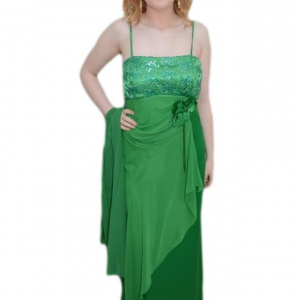Rochie de seara lunga, de nuanta verde, design modern, din saten si voal