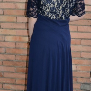 Rochie de seara lunga, masura mare, din voal si dantela bleumarin