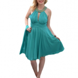 Rochie de seara scurta, din voal turcoaz, cu insertii de strasuri