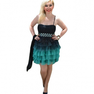 Rochie de seara scurta, neagra cu turcoaz, model cu sclipici in tesatura
