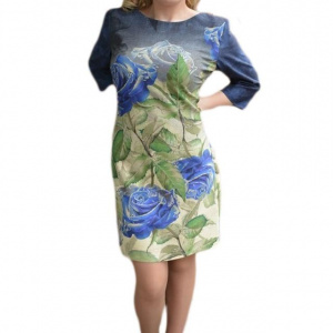 Rochie deosebita cu imprimeu floral bleumarin pe fond verde