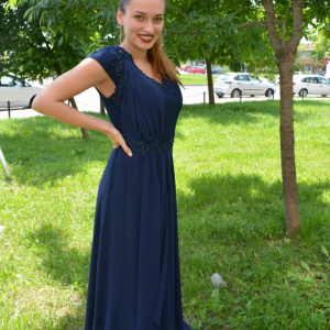 Rochie eleganta, de seara, bleumarin, voal cu insertii de dantela