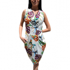 Rochie feminina, alba cu croi lejer pe silueta, cu design nonfigurativ